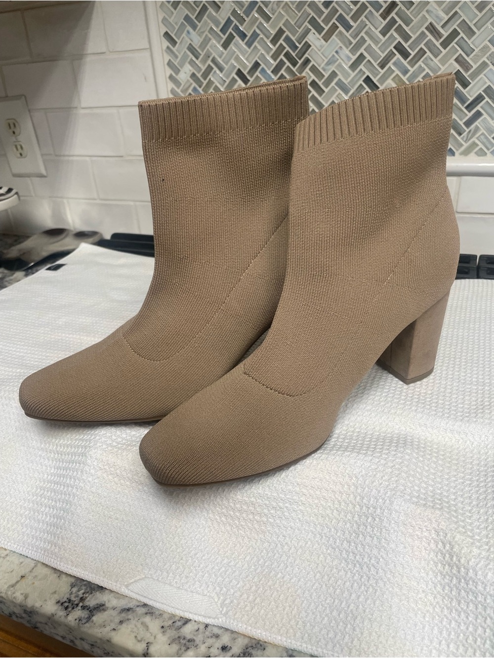Women's Taupe Knit Sock Booties - Stylish  3 inch Block Heel. Size 9 Square toe